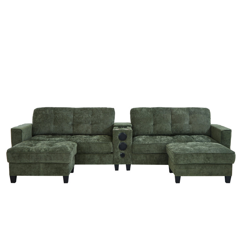Modern Sectional Sofa 126" U-Shaped Sectional Sofa Modular Sectional Couch With Movable Storage Ottomans, Multifunctional Console, Bluetooth Speakers And LED Lights For Living Room, Green