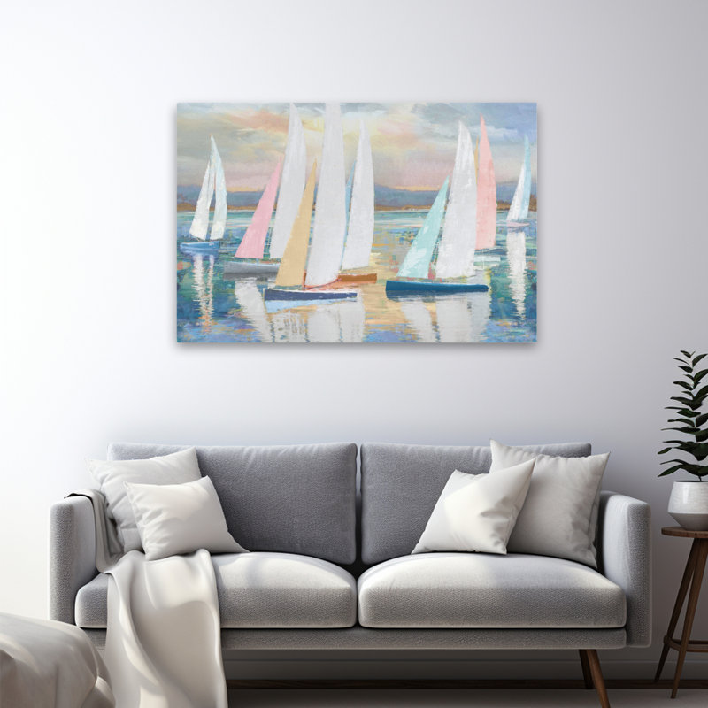 Coucher de soleil sur la voile - voiliers colorés côtiers contemporains, H 48 po x l 32 po