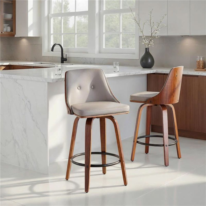 Archaimbaud Fixed Height Faux Leather Bar & Counter Stool with Round Footrest, Light Gray Faux Leather, Black