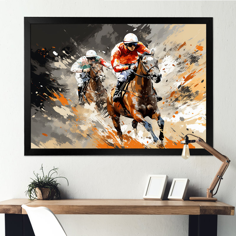 Brown Horse Racing Frenzy - Art mural de course de chevaux, Cadre d'angle fermé noir, H 30 po x l 40 po x P 1,5 po