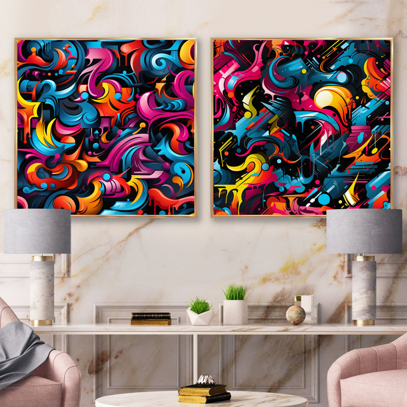 Popart Neon Graffiti Fusion III - ensemble de 2 collages de formes abstraites carrées, Cadre flottant doré, H 36 po x l 73 po