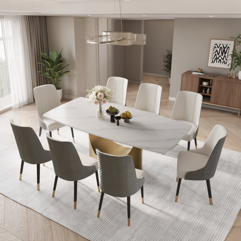  Table de salle à manger moderne avec plateau rectangulaire en pierre frittée, acier au carbone, Blanc mat