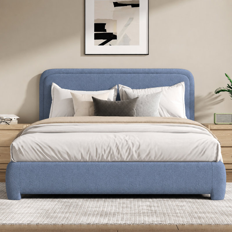 Lit plateforme tapissier Bensu Boucle, Grand lit, Bleu