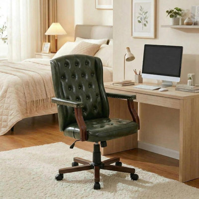 Fauteuil de bureau de 350 lb avec charge de 7,6 pouces, siège ergonomique en cuir à coussins épais. Fauteuil de travail pivotant rétro avec base en bois pour la maison. Bureau et salon