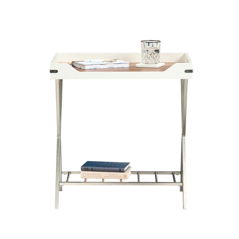 Table de bout rectangulaire blanche Annais avec structure en métal, plateau attaché et tablette inférieure pour rangement intérieur