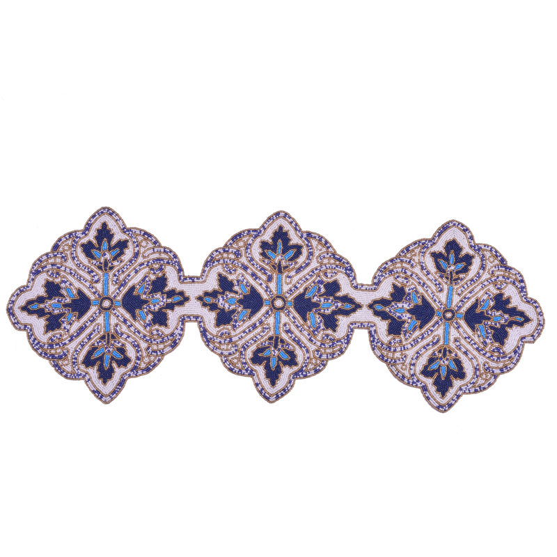 Embroidered Beaded Blue White Table Runner with Glass Bead Embroidery for Christmas and Home Decor, 36" Rectangle