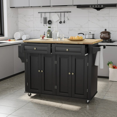 Rolling Mobile Kitchen Island With Drop Leaf Breakfast Bar,Wood Top Spice Rack Desk,Kitchen Table On Wheels With Drawer And Storage Cabinet