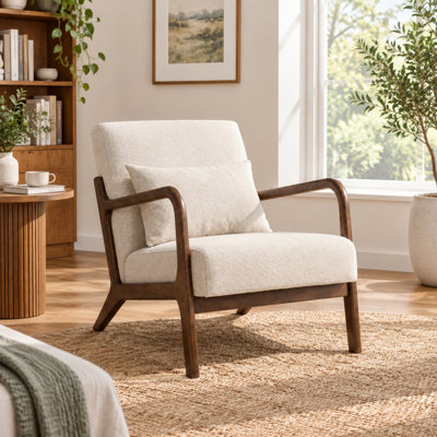 Fauteuil d'appoint moderne du milieu du siècle avec structure en bois massif, revêtement en lin et coton et coussin lombaire, blanc antique