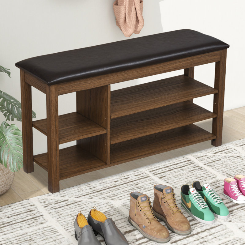 Solid Wood Shoe Bench,wood Storage Rack Organizer With High Rebound Sponge Cushion And Hidden Storage, Brown