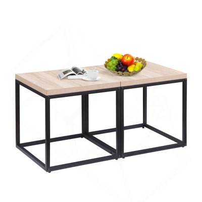 Set of 2 Natural Oak Wood Metal End Side Tables for Bedroom Living Room