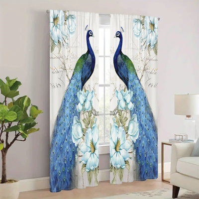 2Pcs rideaux de fenêtre à motif de paon élégants oiseaux bleu royal avec passe-tringle filtrant la lumière, panneaux de traitement, rideaux imprimés numériques pour le salon, la salle à manger et la maison
