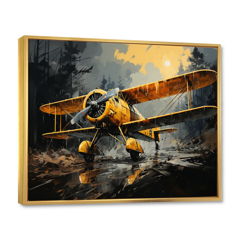 Avion jaune en forêt - imprimé, Cadre flottant doré, H 12 po x l 20 po x P 1 po