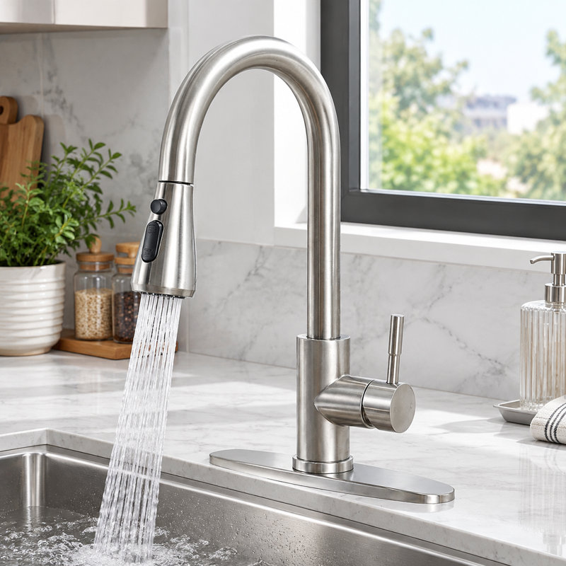 Robinet de cuisine en nickel brossé avec douchette extractible, robinet d'évier de cuisine en acier inoxydable SUS 304 à col de cygne, pivotant à 360°, douchette à 2 modes, compatible avec les installations à 1 ou 3 trous.
