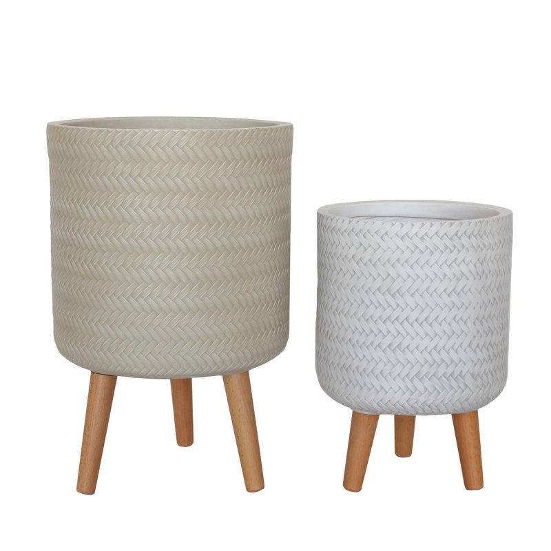 Plaited Style Cylinder Round Planter with Feet, Beige, 35cm H x 24cm W x 24cm D