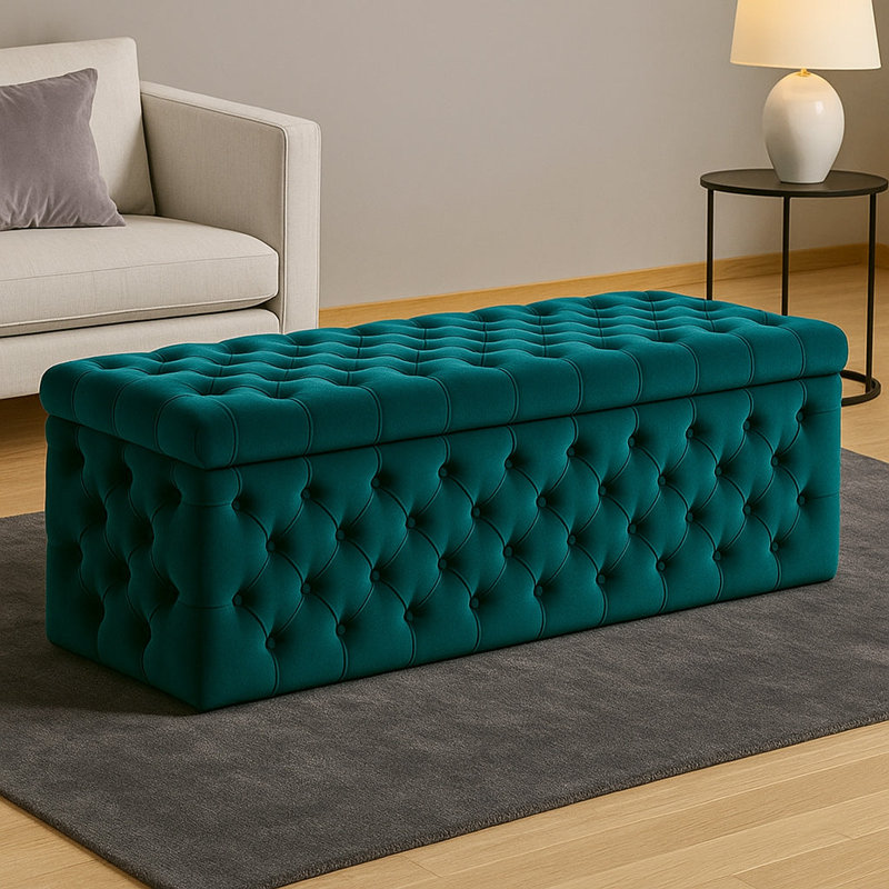 Lux Wide Velvet Chesterfield Rectangle Solid Color Standard Ottoman Box with Storage, 90cm W x 42cm D x 40cm H, Emerald Green