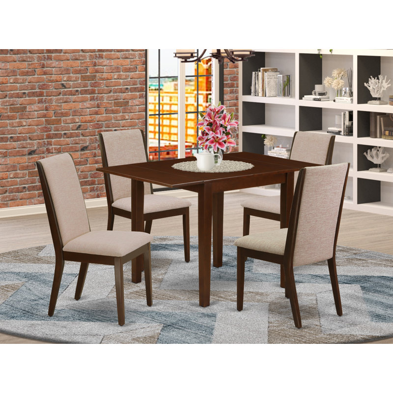 Rectangular Solid Wood Top With Dropleaf Dining Table Set, Mahogany, Light Tan, 5 Pieces: 1 Table, 4 Chairs