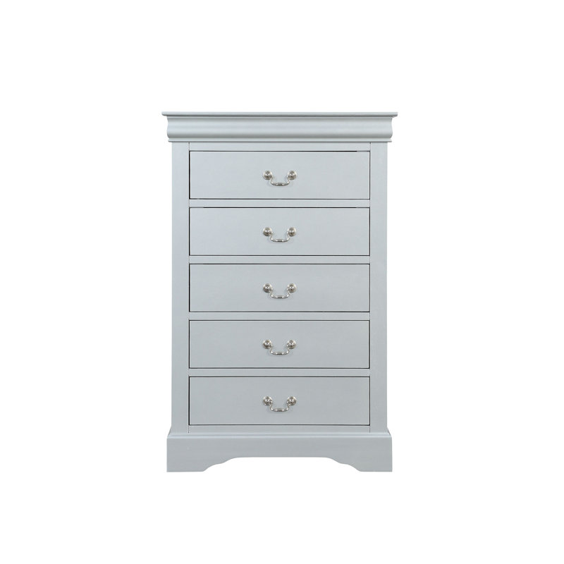 Commode 5 tiroirs avec poignées en métal, Argent argent