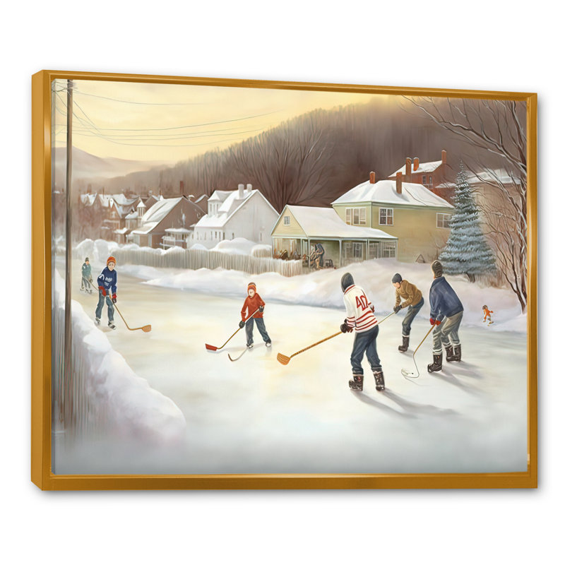 Enfants jouant au hockey en hiver IV - art mural de hockey sportif pour le salon, H 30 po x l 40 po x P 1,5 po