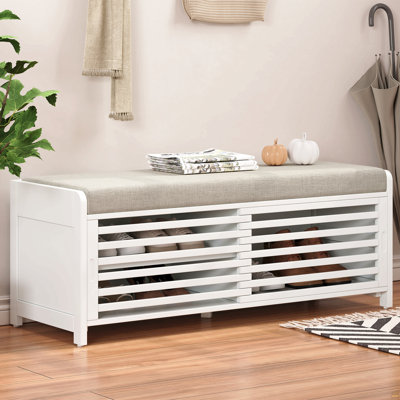 Banc à chaussures avec rangement et coussin, banc de rangement à volets vieillis avec charme rétro