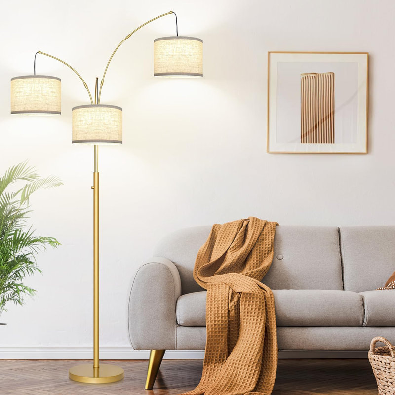 Dimmable 3-Light Arc Floor Lamp With Rotatable Arms, Gold Metal Base & White Linen Shades