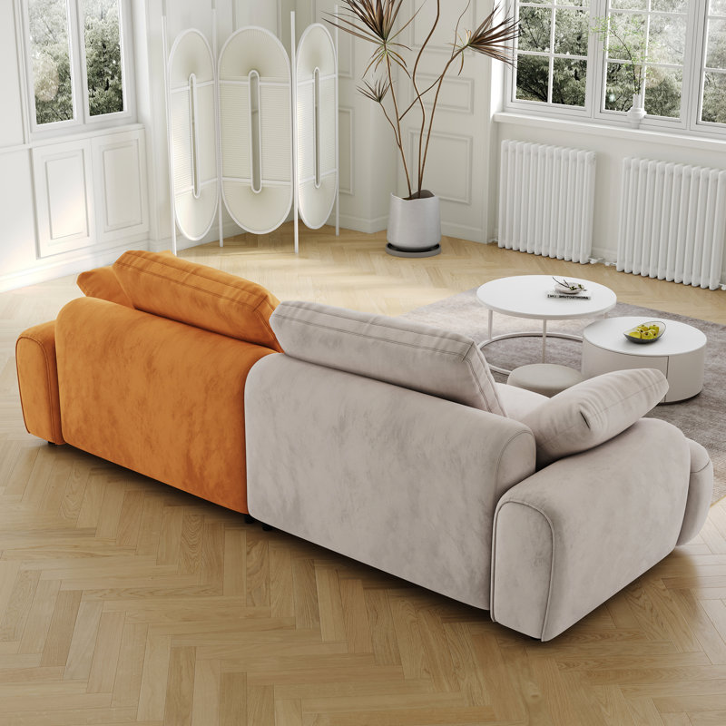 86.6" Two Seat Large Chair, Modern Gray & Yellow Velvet Upholstered, Surface, Eucalyptus Wood Big Triacetate Soft Touch,