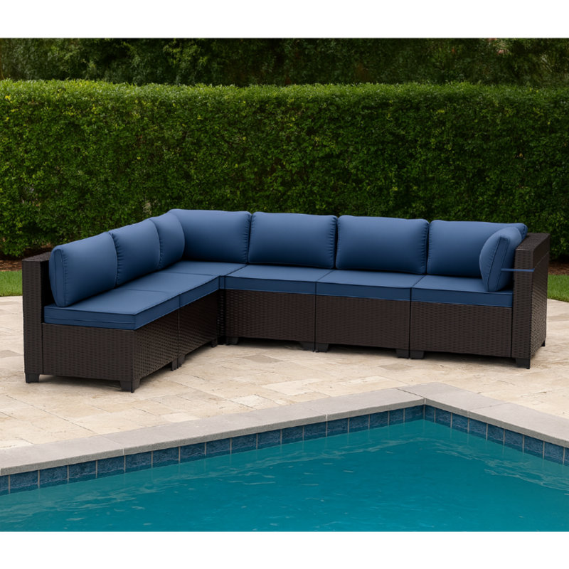 Ensemble de canapé modulaire en forme de L en osier 6 pièces avec coussins en PEHD toutes saisons, Marine