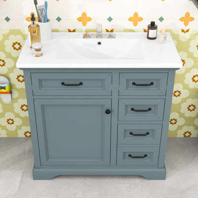 Meuble-lavabo de salle de bain avec lavabo en céramique, tablettes réglables, tiroirs de rangement et armoire
