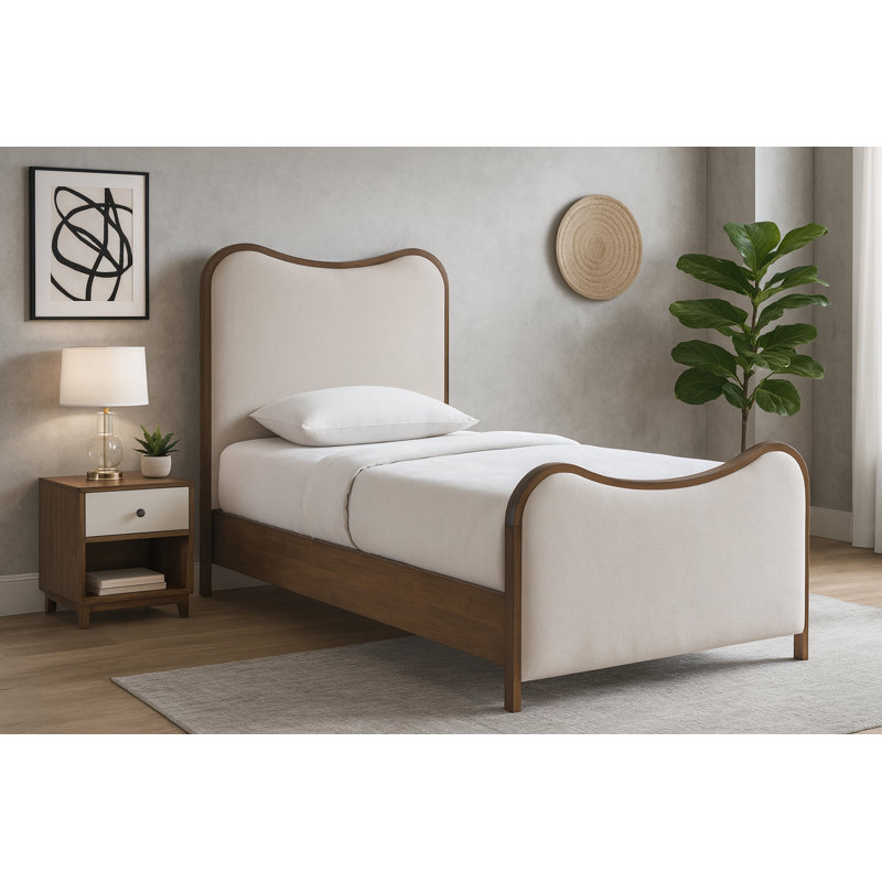 Lit tapissier Arvada, Simple, Tissu texture lin beige / brossé noyer