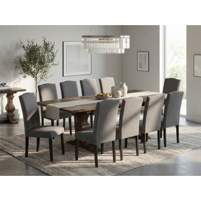 11 Piece Dining Set Includes a Rectangle Dining Room Table with Removable Leaf and 10 Dark Gotham Linen Fabric Upholstered Chairs, Distressed Jacobean