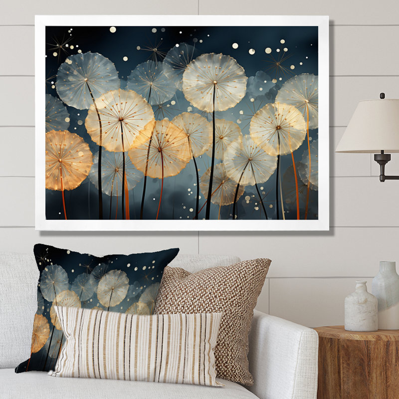 Blanc sarcelle pissenlit symphonie II - art mural pissenlit pour le salon, Cadre simple blanc, H 16 po x l 32 po x P 1 po