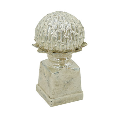 Gray Stoneware Artichoke Statue on Pedestal Base