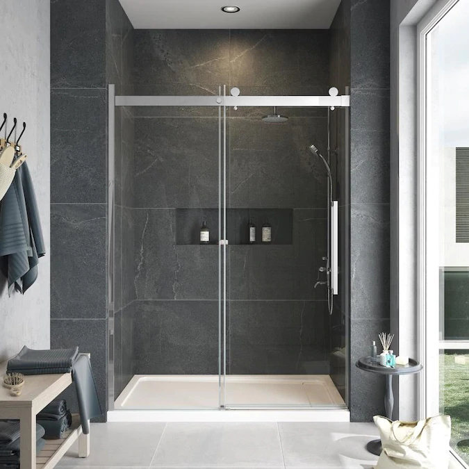 Porte de douche coulissante sans cadre Madeline, verre givré de 5/16 po, l 56-60 po x H 76 po, installation à gauche, Chrome