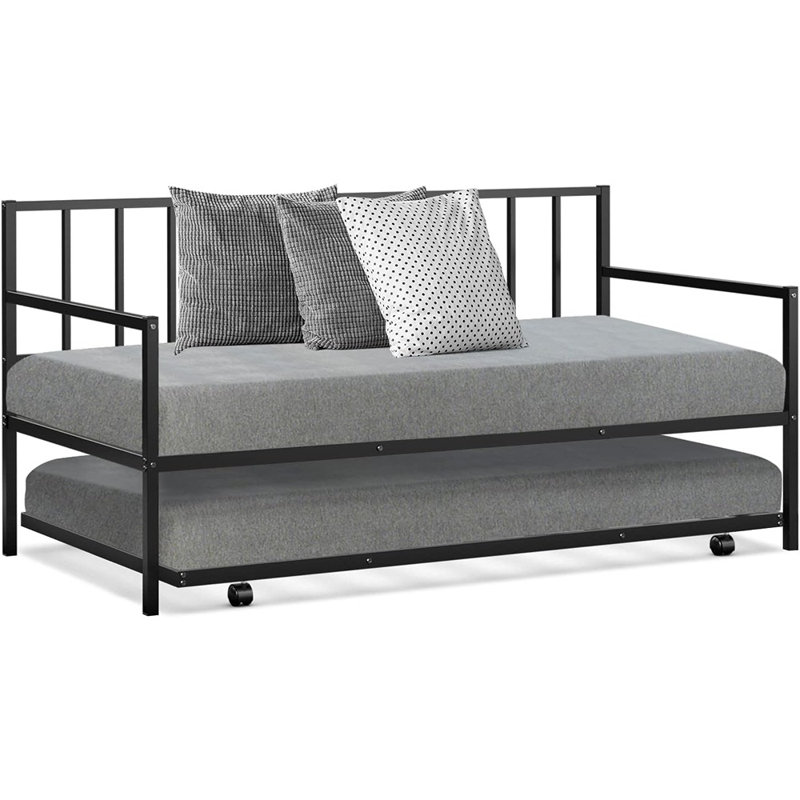 Lit de jour simple noir avec lit gigogne, structure en métal avec support à lattes en acier et 4 roulettes verrouillables, canapé-lit robuste pour chambre à coucher ou chambre d'amis