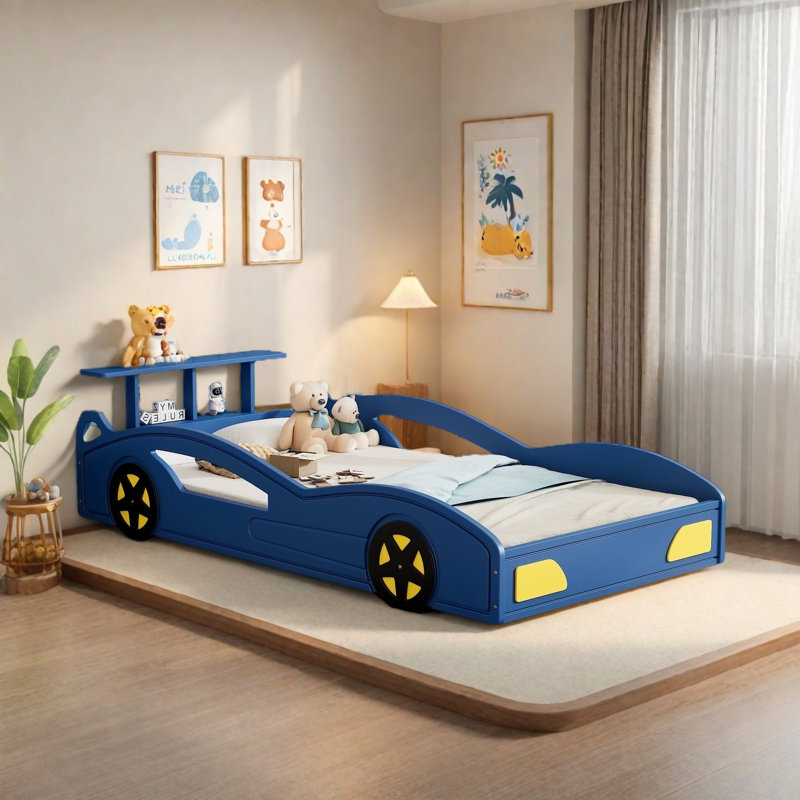 Kids Car Bed With Tail Style Shelves, Blue