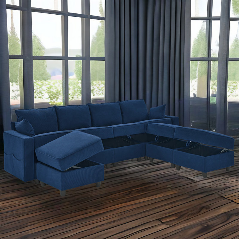 Canapé modulaire 7 pièces Ghufran, Velours côtelé bleu marine