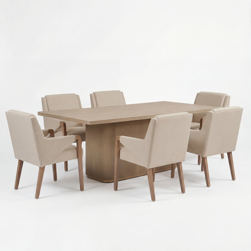 Ensemble de table de salle à manger en bois d'hévéa pour 6 personnes avec chaises rembourrées Defeo, Light Ash