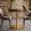 Table de bistrot carrée moderne de 61 cm (24 po) en faux marbre noir, idéale pour les petits espaces. Plateau avec revêtement UV, bordure en acier inoxydable doré et pied central. Facile à nettoyer.