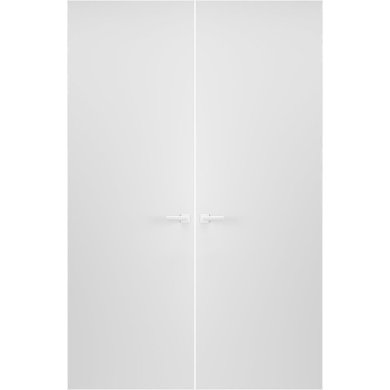 Porte double invisible moderne en bois massif avec poignée Planum 0010, apprêtée avec cadre invisible blanc, 162,5 cm x 244 cm, ouverture extérieure à droite, charnières blanches, poignée de verrouillage, armoire moderne en bois massif.