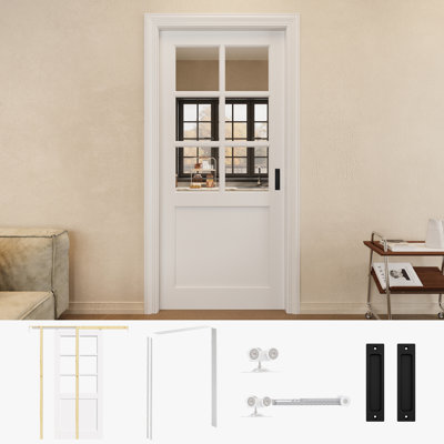 Porte de garde-robe coulissante en verre transparent 36 po x 80 po 6-Lite avec quincaillerie noire et cadre de porte blanche
