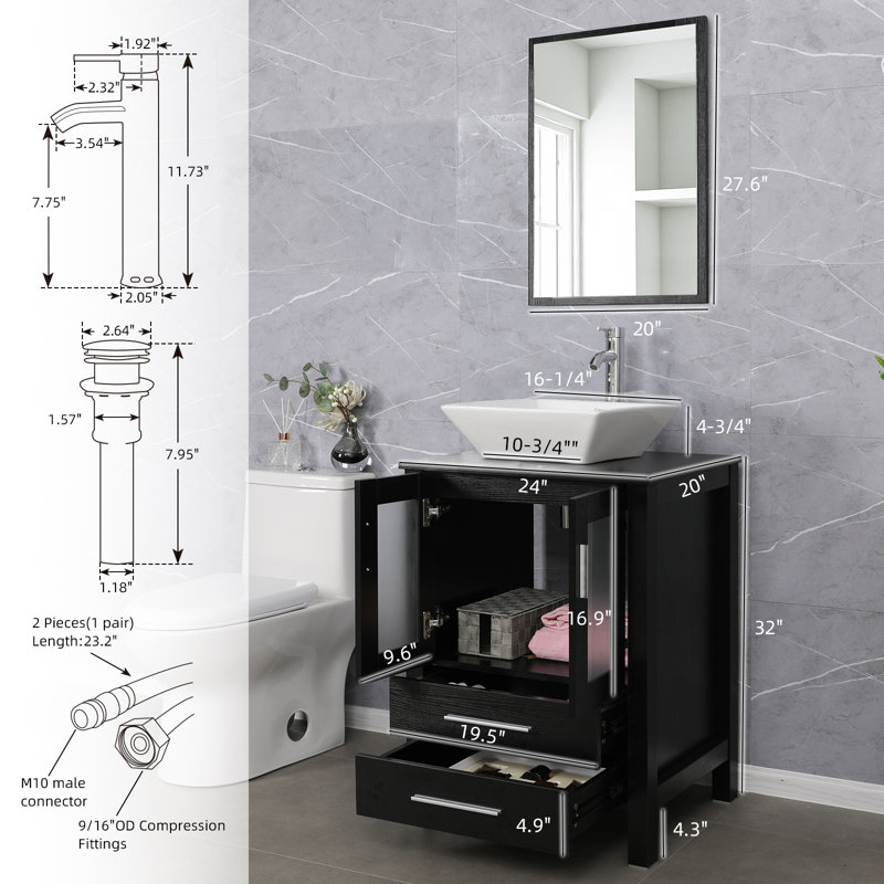 Kacey-Mae 24" Single Bathroom Vanity Set with Ceramic Vessel Sink, Manufactured Wood Top, Black, Dark Espresso