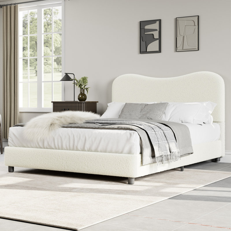 Base de lit double rembourrée pour enfants Boucle - Tête de lit douce à profil bas, coins arrondis, lattes en bois robustes robustes, silencieuse, aucun sommier tapissier requis, assemblage facile - blanc cassé, double