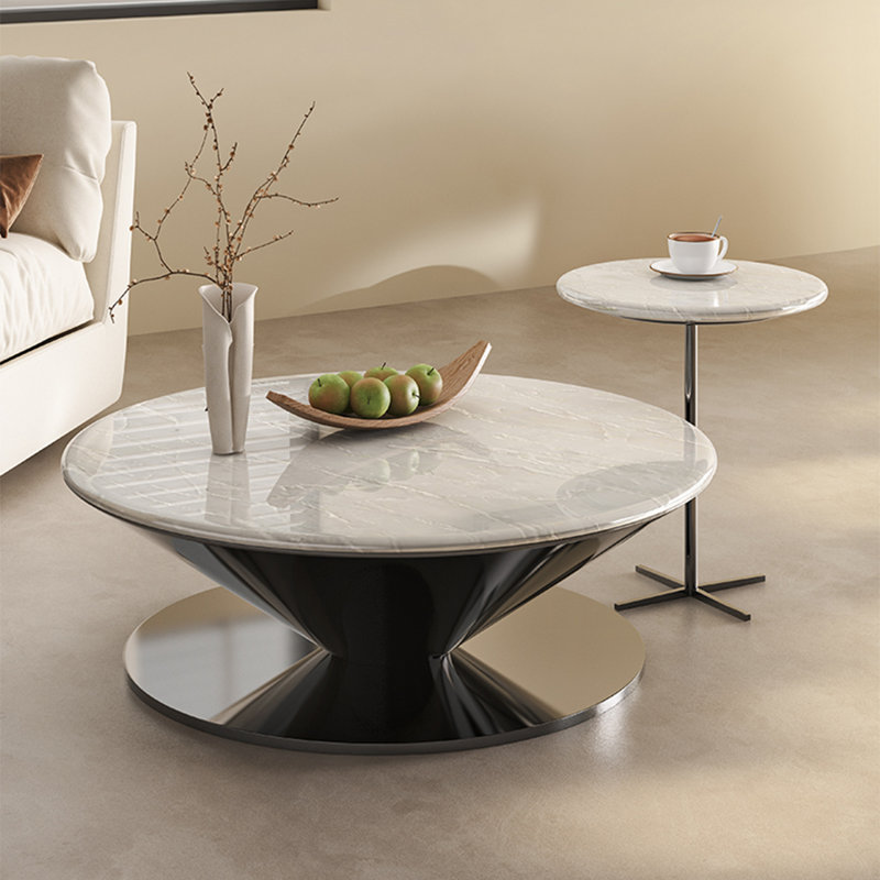 Table basse ronde en marbre avec soucoupe volante, H 15 po x L 35,4 po x l 35,4 po, Blanc