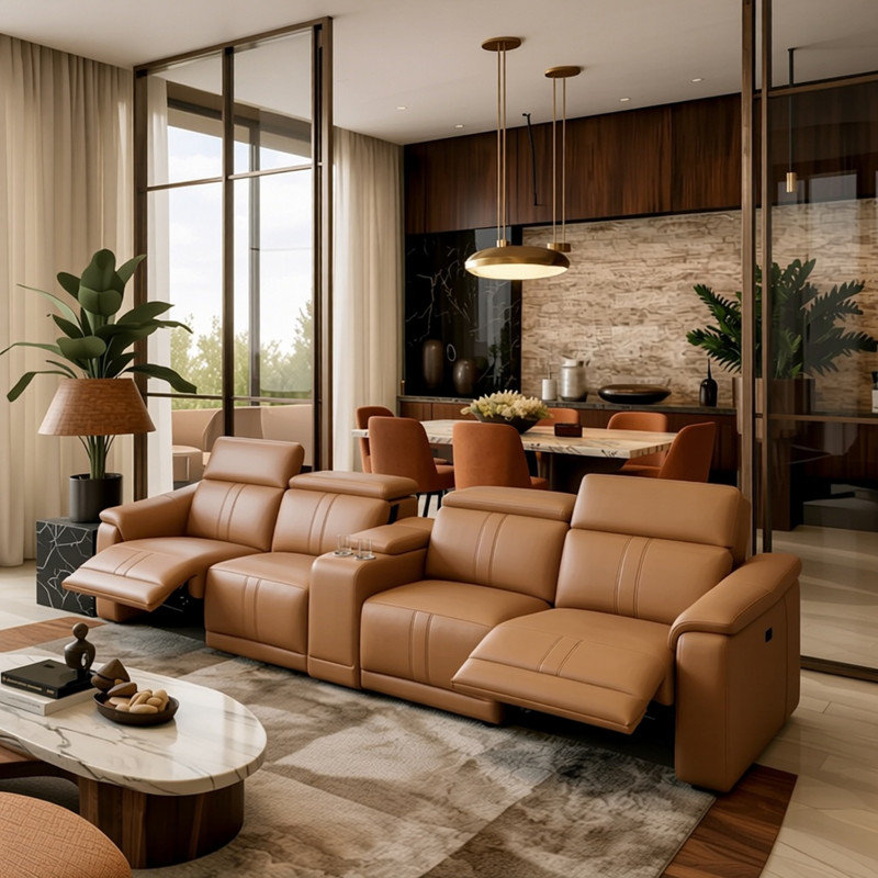 L Shaped Modular Reclining Sectional Sofa, 4 Seat Breathable Fabric Recliner Couch with Adjustable Backrest & Footrest, Built-in Storage Console & Cup Holders, Upholstered Living Room Furniture with Solid Wood Frame