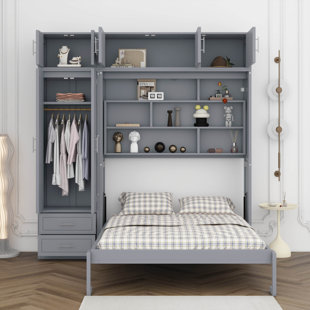 Grand lit escamotable mural avec rangement, lit pliable peu encombrant avec armoire supérieure, tablettes et garde-robe, conception multifonctionnelle