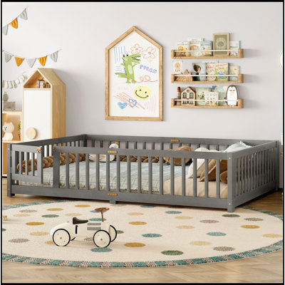 Queen Size Floor Bed with Safety Guardrails and Door for Kids