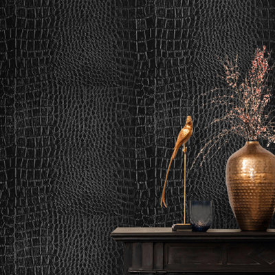 Black Crocodile Peel And Stick Wallpaper, Vinyl Self-Adhesive, 15.7" X 396.7" (43 Sq Ft), Waterproof And Durable For Home Decoration