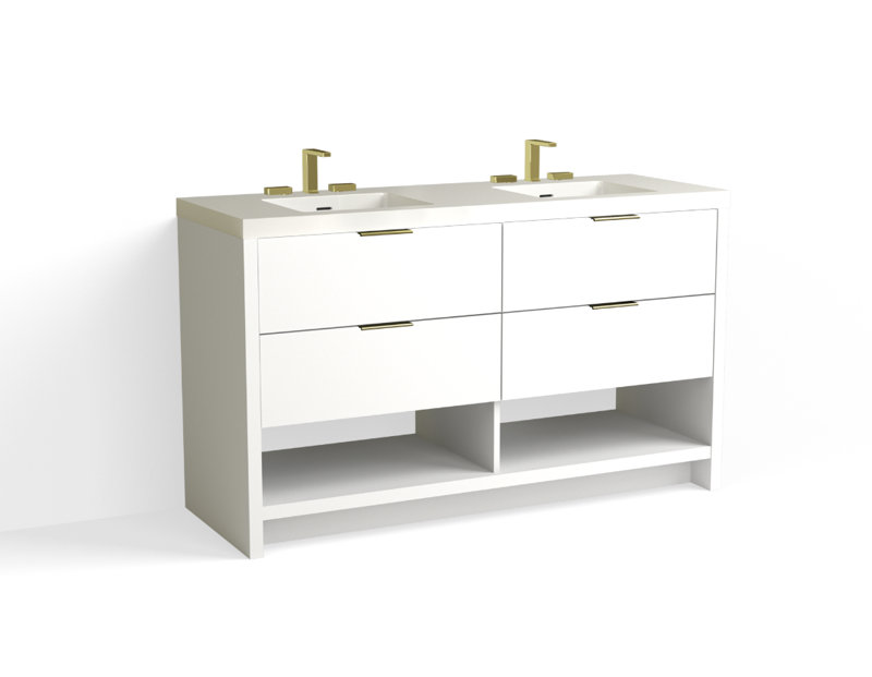 Vue 60" W Freestanding Double Bathroom Vanity, Matte White/8" Widespread, White Nanomatte, Satin Brass