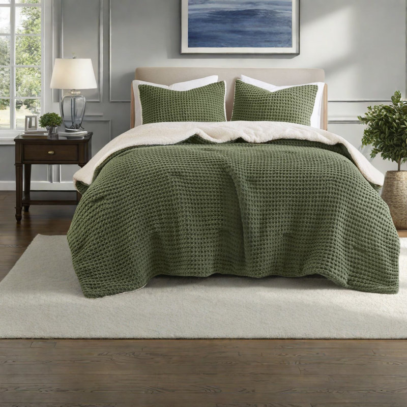 Luxury Chenille Bedding Sets With Cozy Sherpa Reverse, Modern Waffle Knit Design