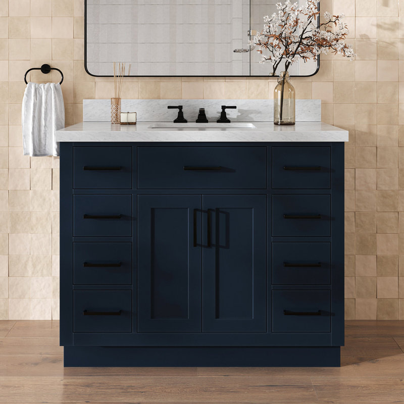 Thornaby 42'' Solid Wood Single Bathroom Vanity with 1.5'' Carrara Marble Top, Midnight Blue / Satin Brass, Rectangular