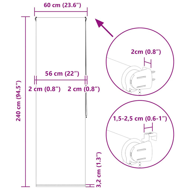 Room Darkening Roller Shade, 60cmW x 240cmL